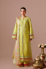 Woman wearing a traditional outfit with floral patterns on a beige background