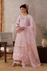 Woman in a pink traditional outfit standing in a room with a textured wall and plants.