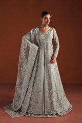 Woman wearing a silver embroidered gown with a cape against a brown background